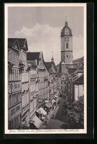 AK Jena, Blick in die Johannisstrasse mit Stadtkirche