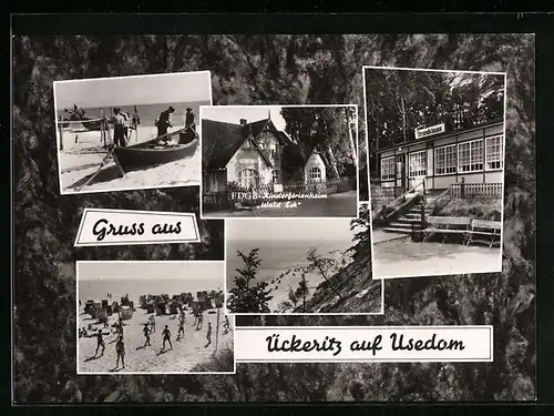 AK Ückeritz /Usedom, FDGB-Kinderferienheim Wald Eck mit Strandklause