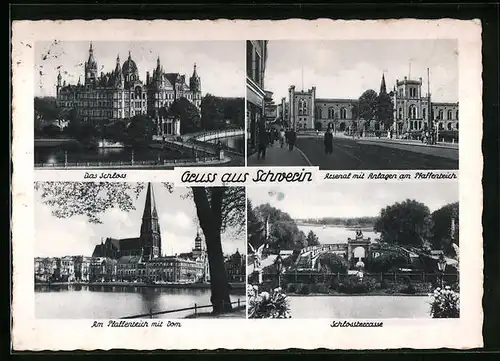 AK Schwerin, Schloss, Am Pfaffenteich, Dom und Schlossterrasse