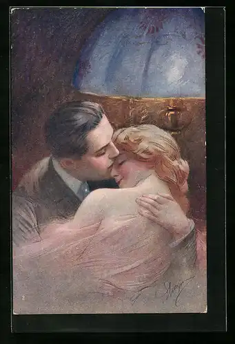 Künstler-AK Mann küsst seiner Geliebten die Stirn, Art Deco