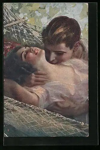 Künstler-AK Mann küsst seiner Geliebten sinnlich den Hals, Art Deco