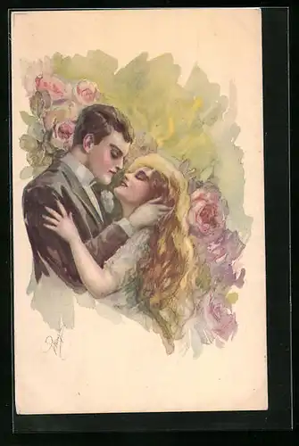 Künstler-AK Sich umarmendes Paar im Rosengarten, Art Deco
