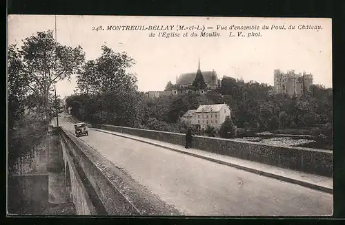 AK Montreuil-Bellay, Vue d`ensemble du Pont, du Chateau, de l`Eglise et du Moulin