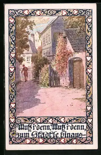 Künstler-AK Herr blickt sehnsüchtig vor dem Abschied zum Fenster seiner Liebsten