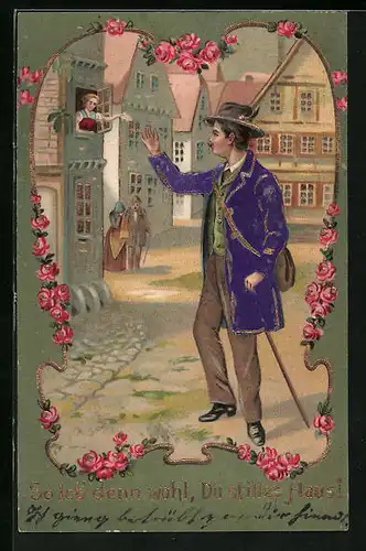 Präge-AK Traurige Eltern und seine Liebste verabschieden Burschen vor der Wanderschaft