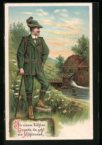 AK Wanderer freut sich auf eine Erfrischung am Bach