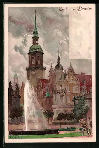 Künstler-AK Heinrich Kley: Dresden, Wasserfontäne im Park bei starkem Wind, Uhrenturm