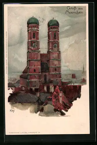 Künstler-AK Heinrich Kley: München, Ortspartie mit der Frauenkirche