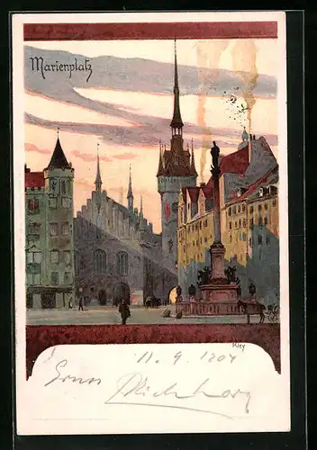 Künstler-AK Heinrich Kley: Besucher auf dem Marienplatz bei Sonnenuntergang