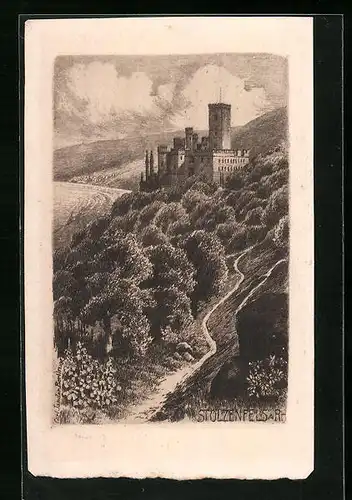 Künstler-AK Carl Jander: Stolzenfels, Weg zur Festung auf dem Berg