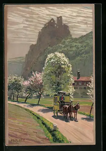 Künstler-Lithographie Paul Hey: Die Postkutsche fährt durch die Frühlingslandschaft