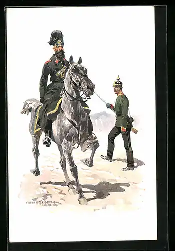 Künstler-AK Anton Hoffmann - München: Soldat mit Pickelhaube der K. B. Gendarmerie nebst Kamerad auf dem Pferd, 1873