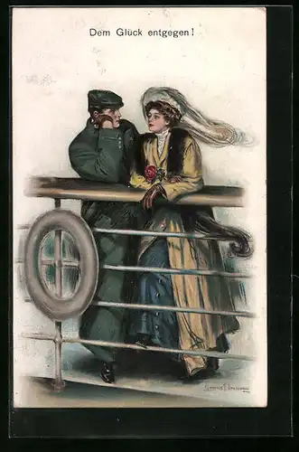 Künstler-AK Clarence F. Underwood: Soldat mit seiner Frau auf der Reling schippern dem Glück entgegen