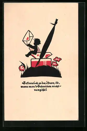 AK Kleiner Junge mit einem Liebesbrief auf einem Tintenfass mit Schreibfeder sitzend