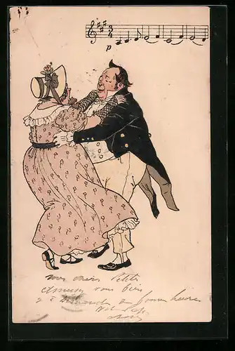 AK Dame mit Schute beim Tanz mit einem korpulenten Herrn im Frack