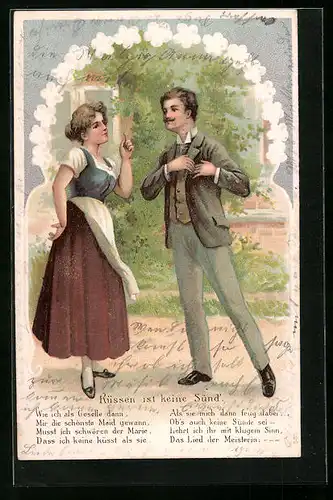 Präge-AK Verse: Küssen ist keine Sünd', Frau ermahnt Ihren Geliebten