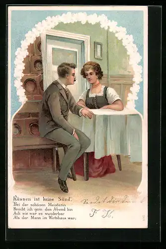 Präge-AK Küssen ist keine Sünd'., Frau und ihr Gatte am Küchentisch vor dem Ofen