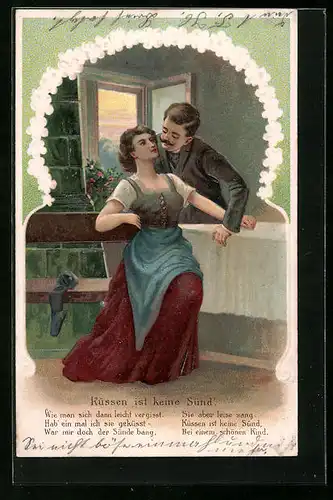 Präge-AK Küssen ist keine Sünd'..., Kussversuch auf der Bank vor dem Ofen