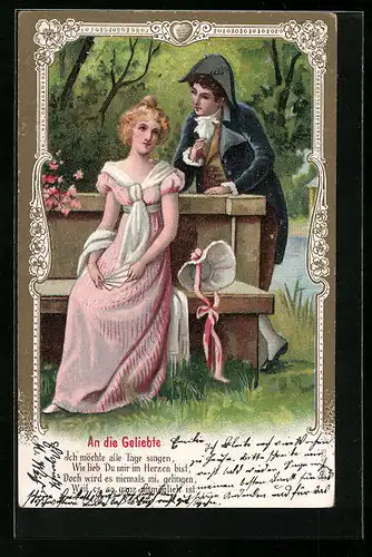 Präge-AK Vers: An die Geliebte..., Soldat macht einer jungen Dame Avancen