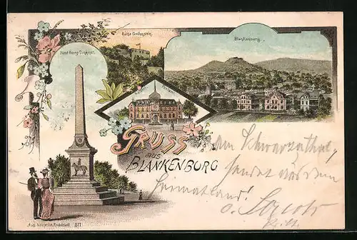 Lithographie Blankenburg, Fürst Georg-Denkmal, Kaiserl. Postamt