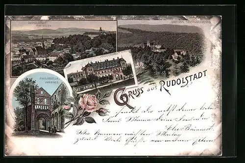 Lithographie Rudolstadt, Paulinzella, Rudolsbad, Schloss Schwarzburg