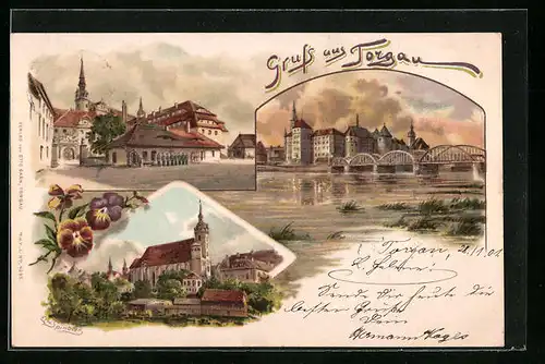 Lithographie Torgau, An der Wache, Panorama mit Brücke, Kirche im Stadtbild
