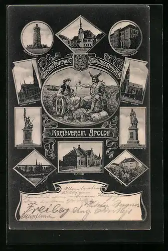 AK Apolda, Sophien Schule, Bahnhof, Kriegerdenkmal