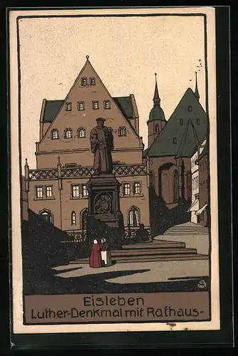 Steindruck-AK Eisleben, Luther-Denkmal mit Rathaus