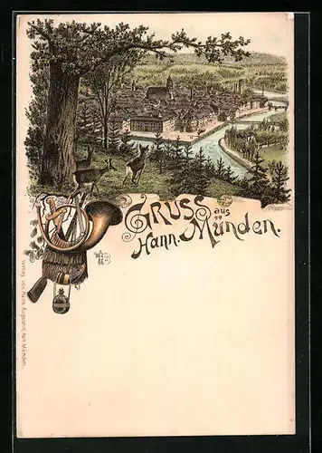 Lithographie Hann. Münden, Blick von einer Anhöhe auf den Ort