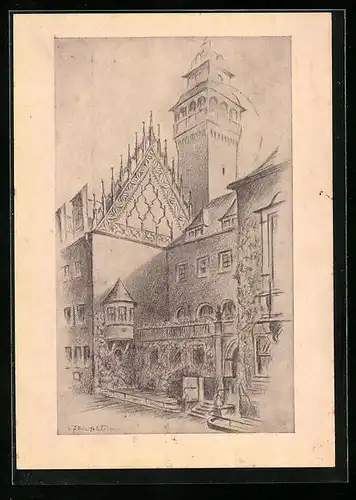 Künstler-AK Zeitz, Festpostkarte zur 980-Jahrfeier 1947, Rathaus mit spätgotischem Giebel