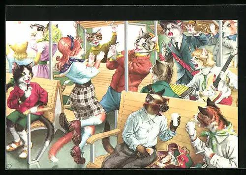 AK Katzen tanzen in der Bahn