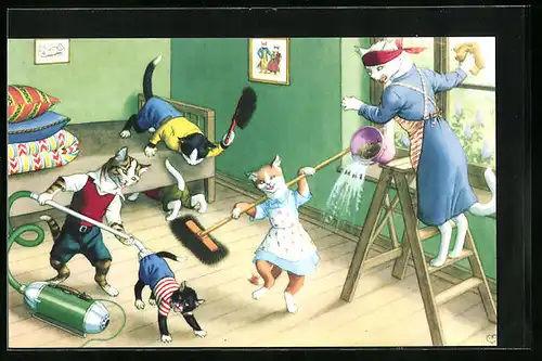AK Katzenfamilie bei der Hausarbeit