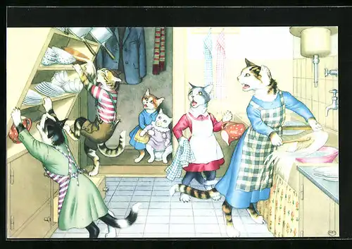 AK Katzen in der Küche beim Abwasch, Katzenkinder halten fallendes Regal