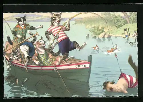 AK Katzen beim Angeln im Boot