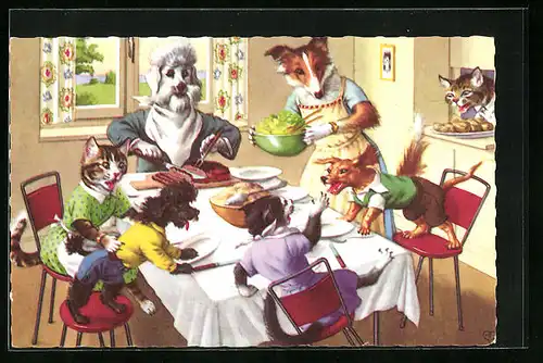 AK Katzen zu Besuch bei einer Hundefamilie und bereiten das Essen vor