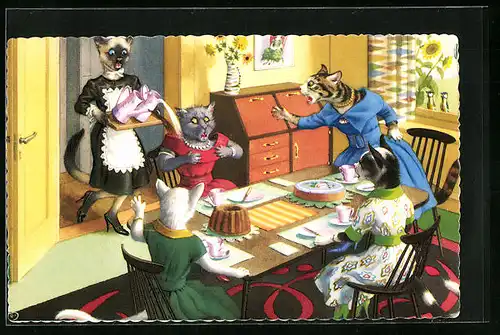 AK Katzen an der Kaffeetafel im Wohnzimmer mit Sekretär