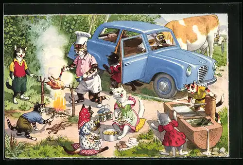 AK Katzen grillen ein Hühnchen, während eine Kuh in das Auto äugt