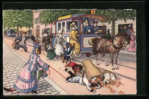 Künstler-AK Strassenszene in Katzenhausen, Bäckerbursche stürzt vor der Pferdebahn