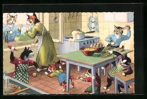 Künstler-AK Katzenmütter klagen sich ihr Leid, Kinder spielen in der Küche verrückt
