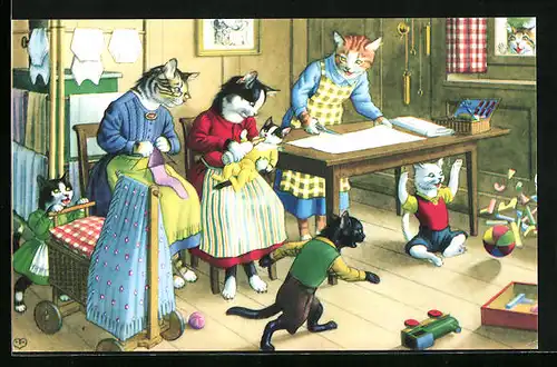 Künstler-AK Katzenmütter bei der Handarbeit mit ihren Jungen