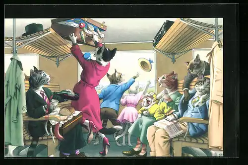 Künstler-AK Katzen im Zugabteil, Taschendieb nutzt den Aufruhr