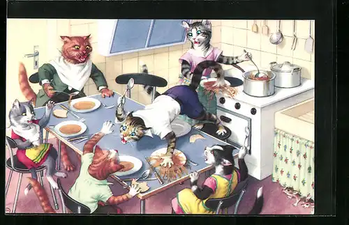 Künstler-AK Katzenkinder zanken sich beim Mittagessen