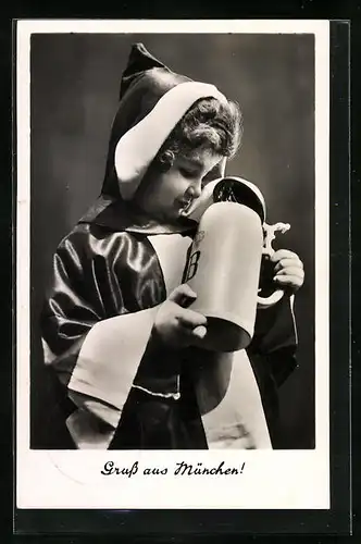 AK Als Münchner Kindl verkleidetes Kind mit Bierkrug