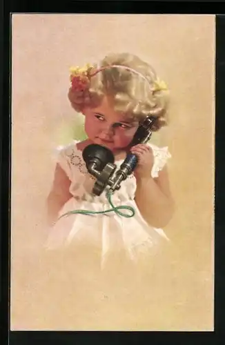 Künstler-AK Kleines Mädchen mit Goldlöckchen hält Telefonhörer ans Ohr