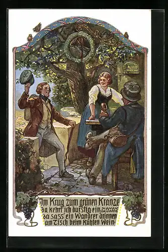 Künstler-AK Im Krug zum grünen Kranze..., Wanderer bei der Rast im Wirtshausgarten