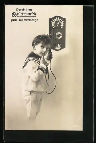 AK Knabe im Matrosenanzug am Wandtelefon - Geburtstagsgruss