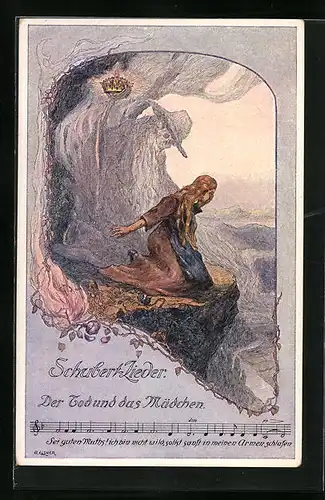 Künstler-AK sign. O. Elsner: Schubertlieder: Der Tod und das Mädchen - Mädchen mit Tod vor Abgrund