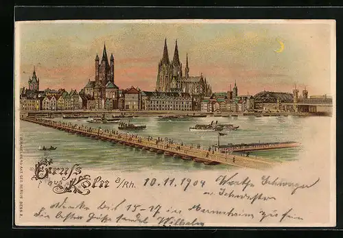 Lithographie Köln am Rhein, Halt gegen das Licht: Fensterbeleuchtung und Mondreflexion im Wasser