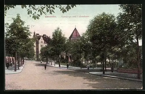 AK Chemnitz, Strassenpartie mit Blick zur Synagoge und zum Luisenhaus