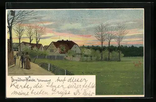 Künstler-AK Alfred Mailick: Ullersdorf in der Dresdner Heide, Ortspartie mit Spaziergängern